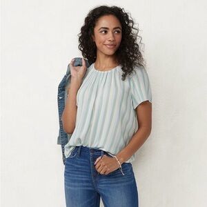 LC Lauren Conrad Blue Green White Stripe Flutter Sleeve Pastel Boho Blouse Top